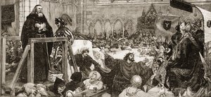 The Trial of John Wycliffe (1330-1384) in 1378 by English School